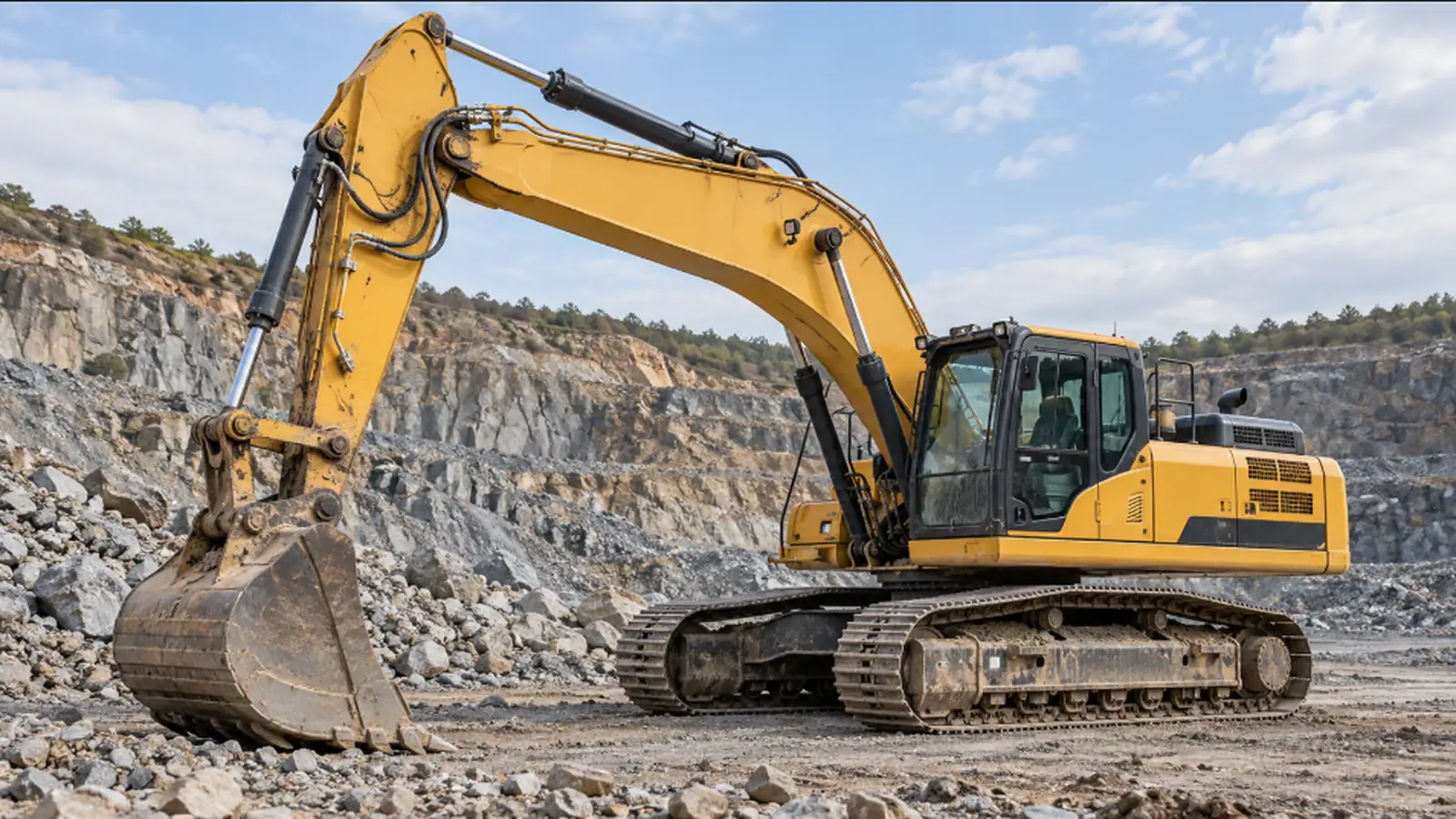 Representative yellow tracked excavator with a bucket in a quarry — RHPL; not the exact Volvo EC120D