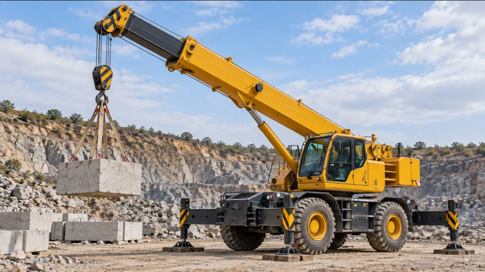 Representative yellow mobile crane with an extended boom and suspended hook — RHPL