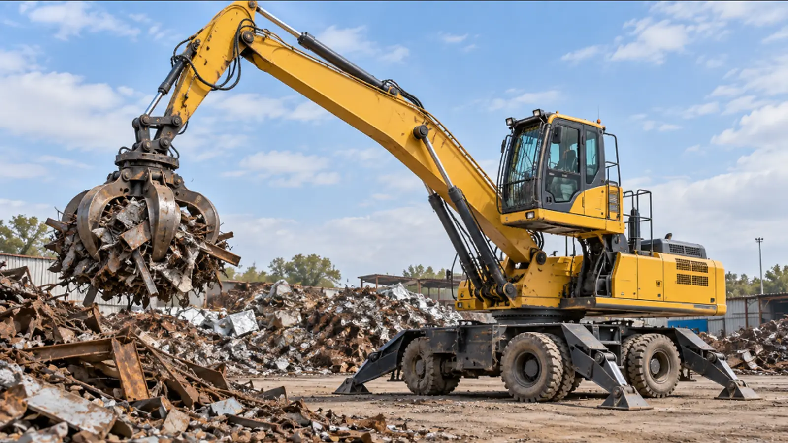 Representative yellow wheeled material handler with a grapple over scrap metal — RHPL; not the exact Volvo EW240E MH