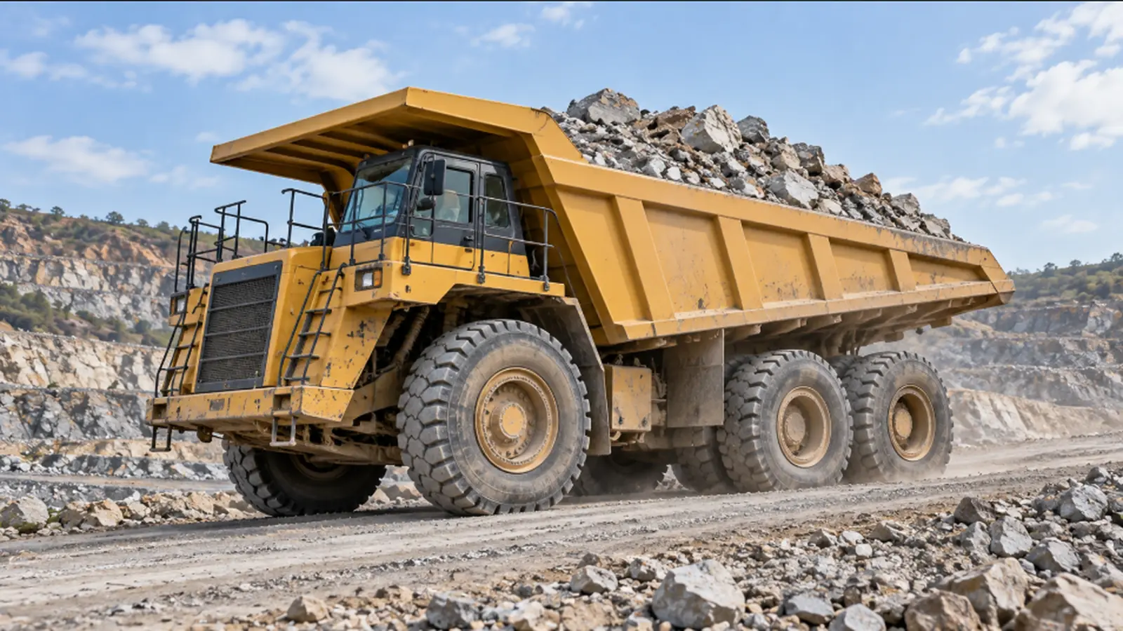 Representative yellow off-highway haul truck in a quarry — RHPL; not the exact Caterpillar · 773E · serial prefix DJS