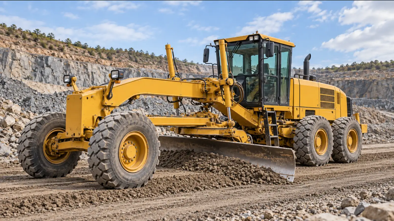 Representative yellow motor grader with a central grading blade — RHPL; not the exact Komatsu GD535