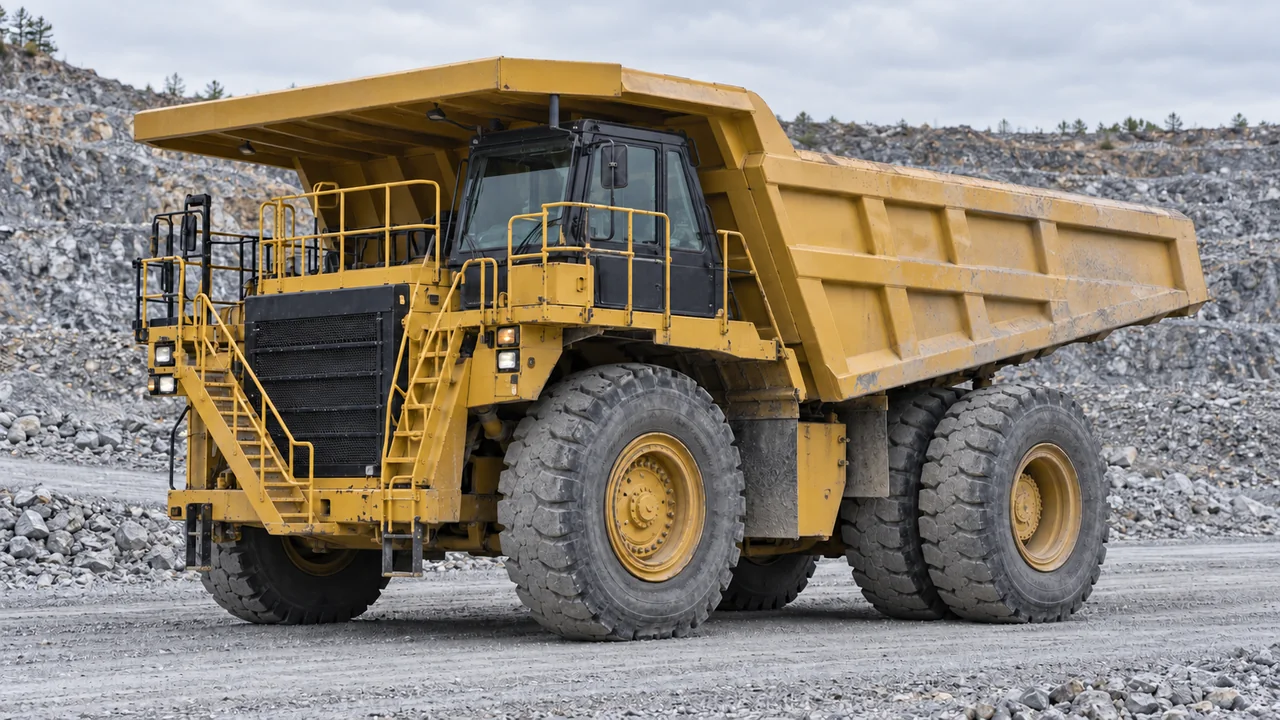 AI-generated representative unbranded rigid mining dump truck with its body lowered; not the exact Caterpillar · 777 · Truck Body · serial prefix CHP